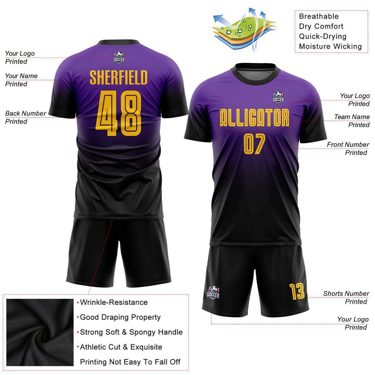 Custom Old Gold Black-Purple Sublimation Long Sleeve Fade Fashion Soccer  Uniform Jersey