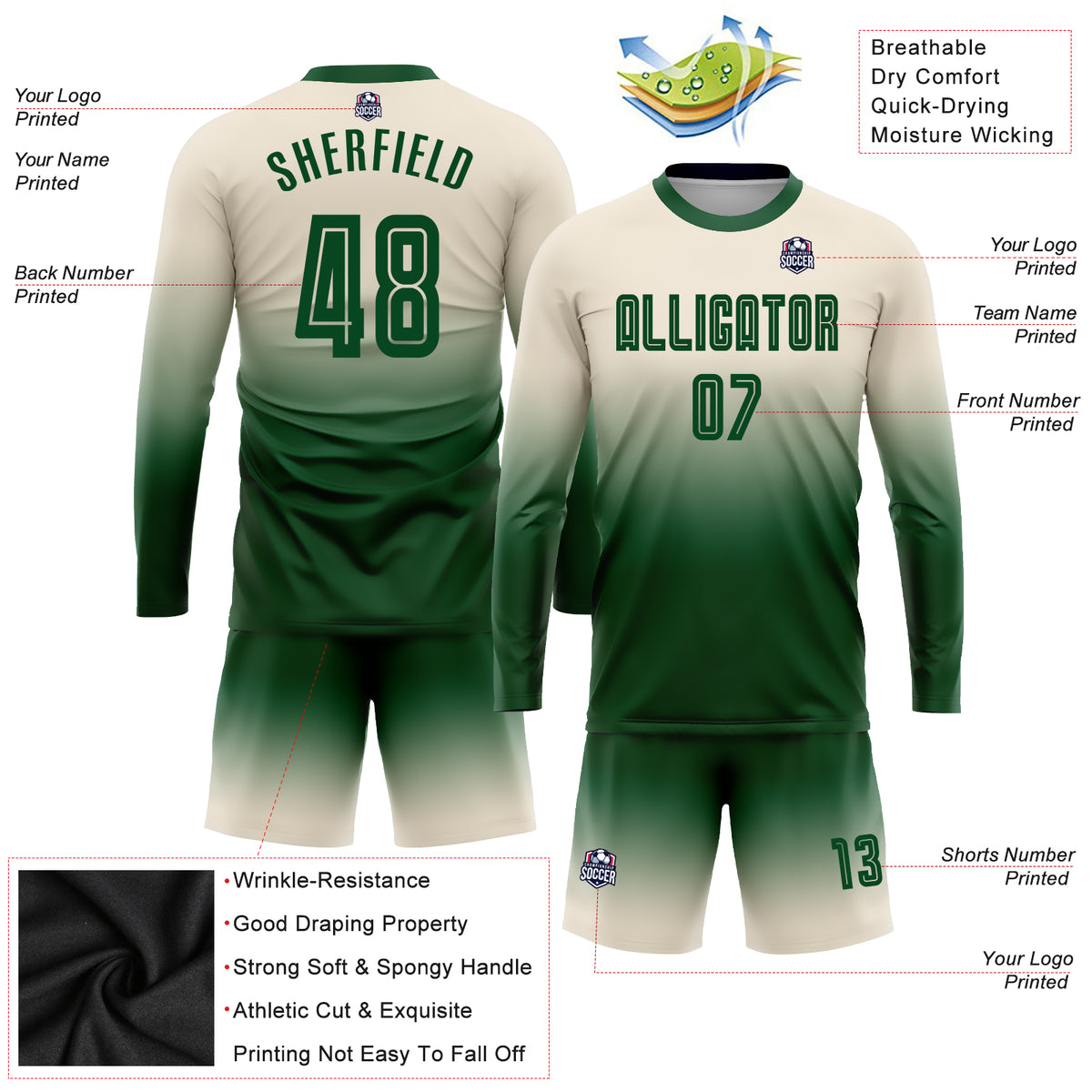 Custom Red White-Kelly Green Sublimation Long Sleeve Fade Fashion Soccer  Uniform Jersey