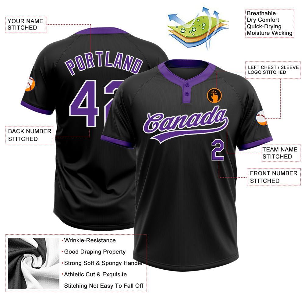 Custom Black Purple-White Two-Button Unisex Softball Jersey Discount