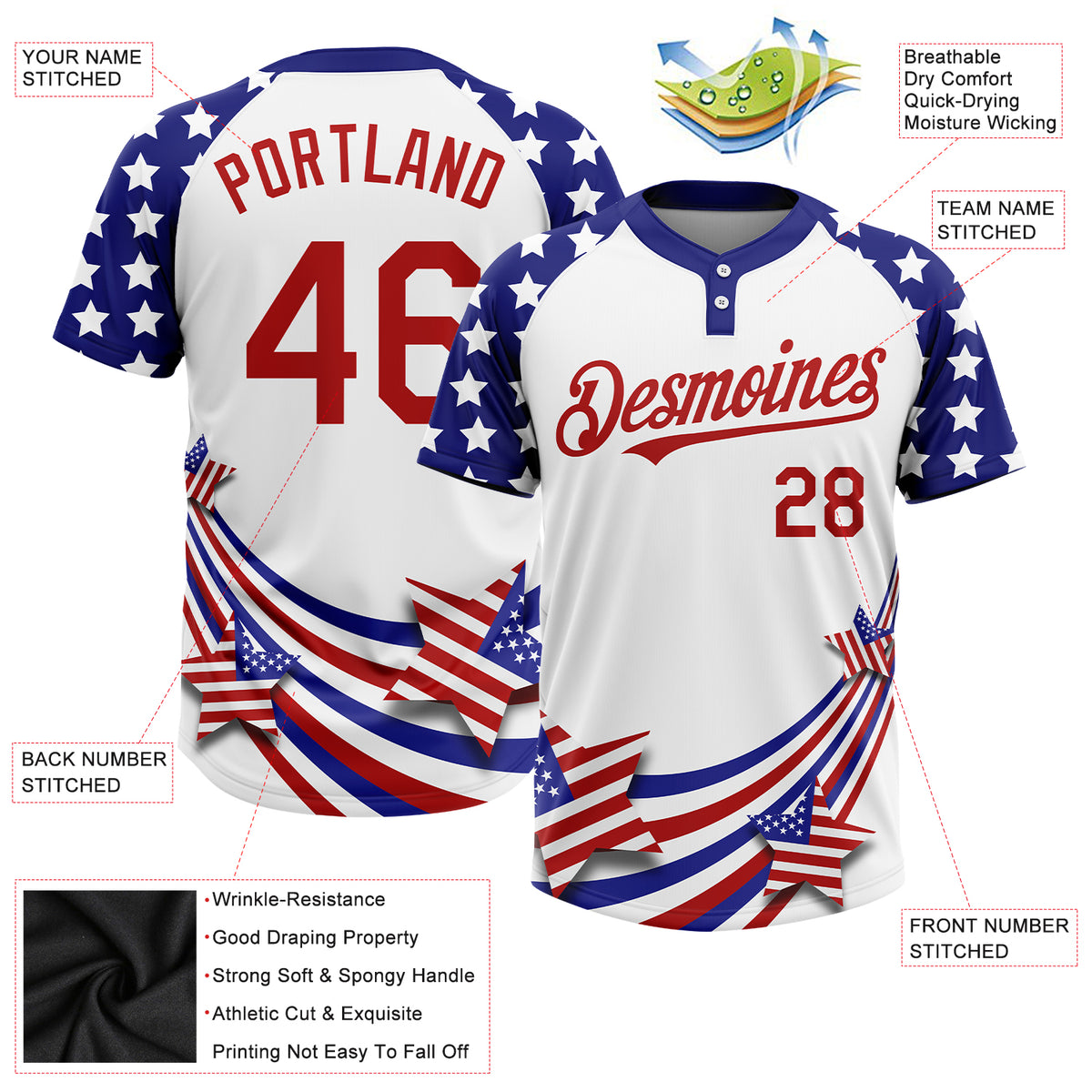 Custom White Red-Navy 3D American Flag Fashion Two-Button Unisex Softball  Jersey Discount