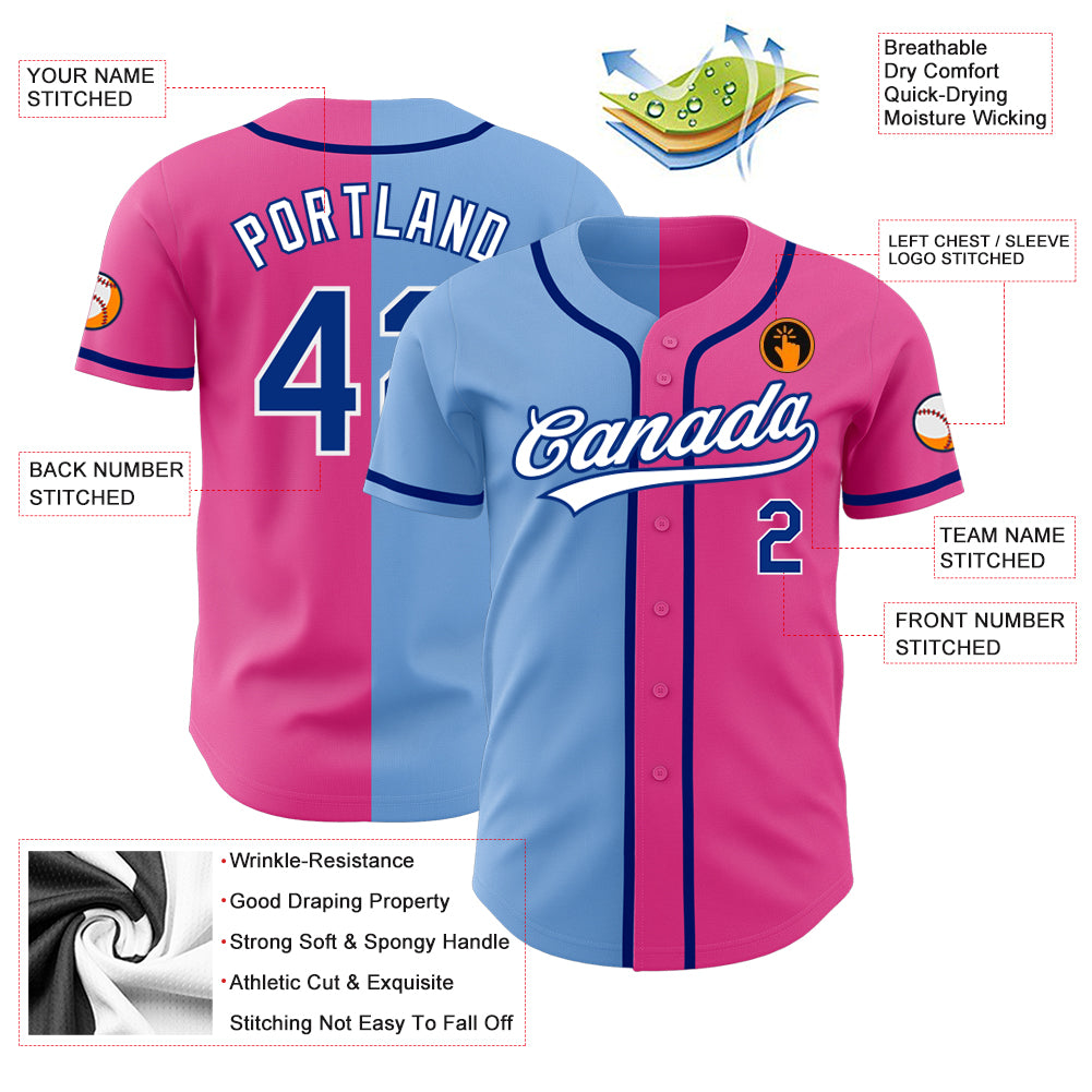 Custom Pink Royal-Light Blue Authentic Split Fashion Baseball Jersey  Discount