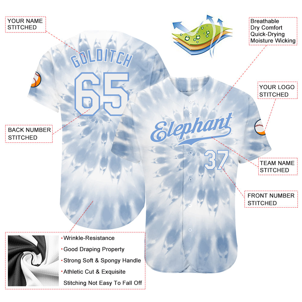 Custom Tie Dye Light Blue-White 3D Authentic Baseball Jersey in