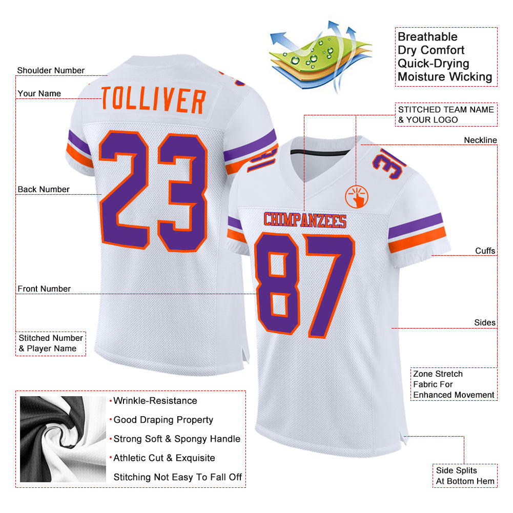 Custom White Purple-Orange Mesh Authentic Football Jersey Discount