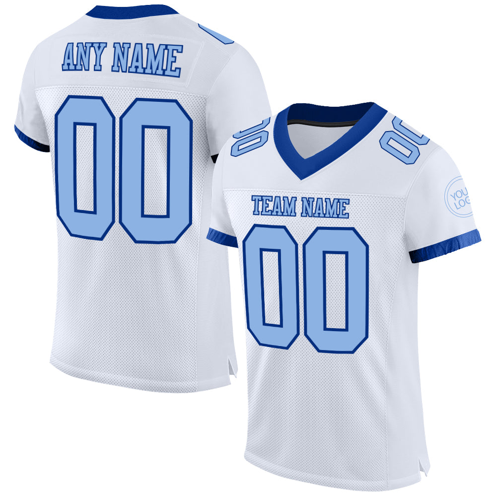 Custom White Light Blue-Royal Mesh Authentic Football Jersey Discount