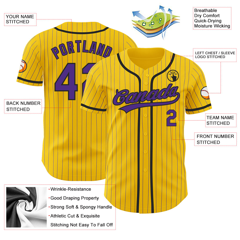Custom Yellow Purple Pinstripe Black Authentic Baseball Jersey Discount