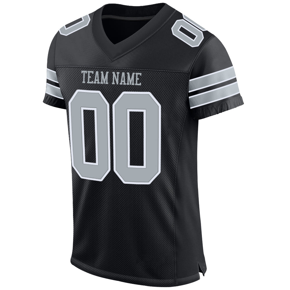 Custom Team Black Football Authentic White Mesh Jersey Silver