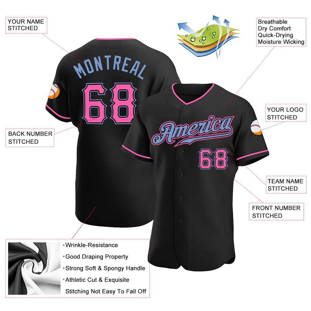 Custom Team Light Blue Baseball Authentic Black Jersey Pink