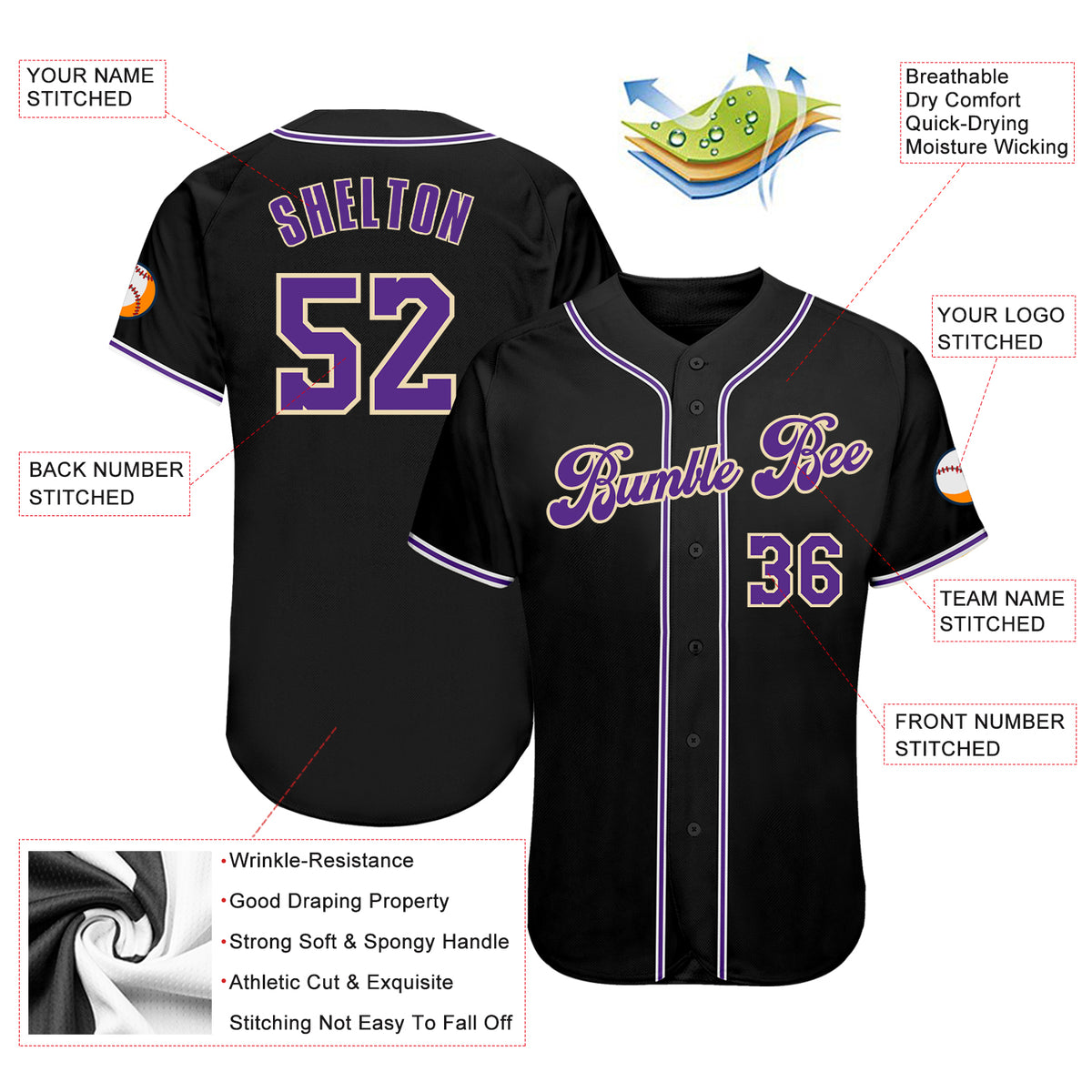 White and Purple Full Button Blank Custom Baseball Jerseys