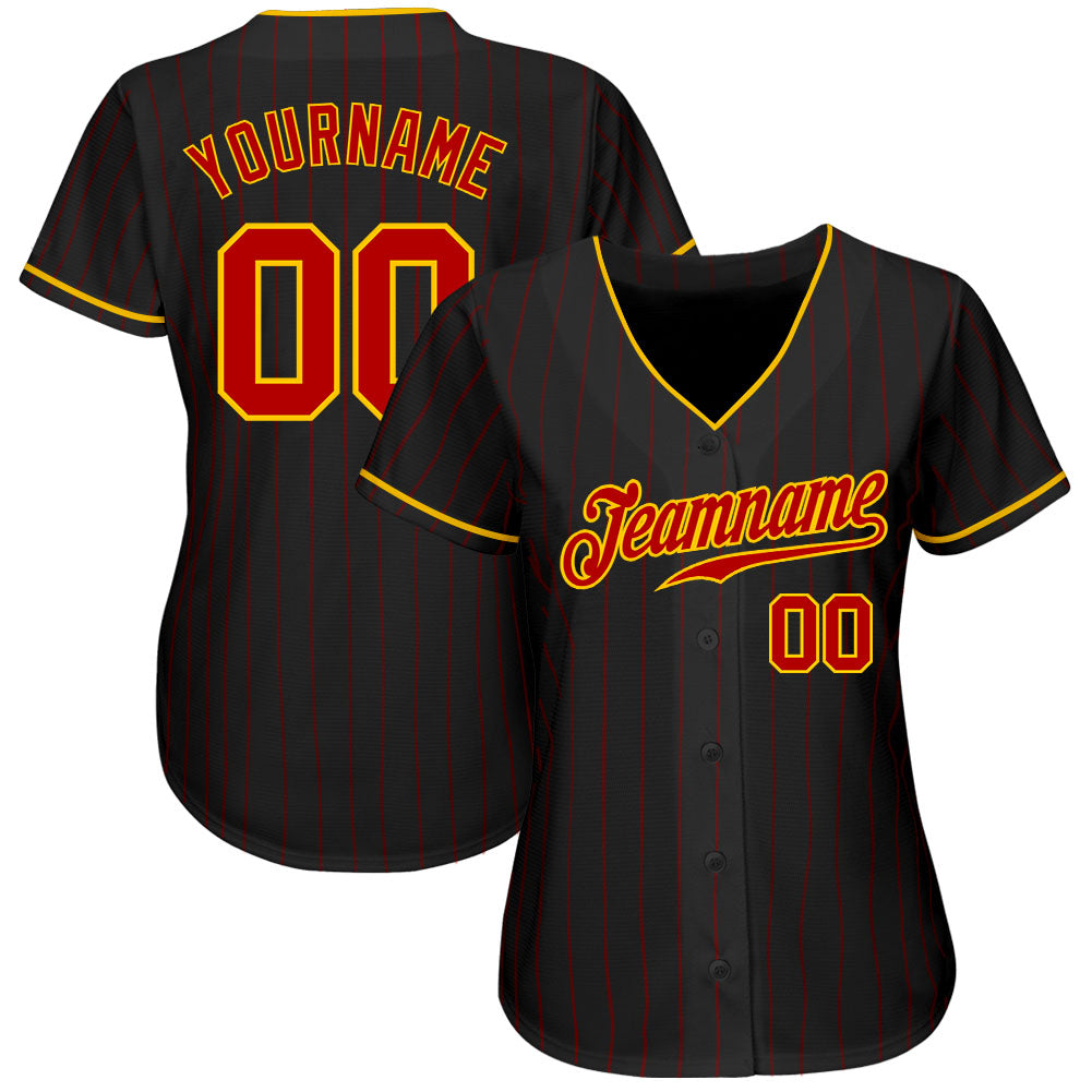 Custom Black Red Pinstripe Red-Gold Authentic Baseball Jersey Discount