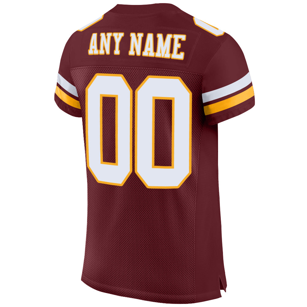 Custom White Burgundy-Gold Mesh Authentic Football Jersey