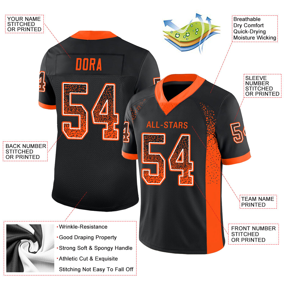 Custom Black Orange-White Mesh Split Fashion Football Jersey