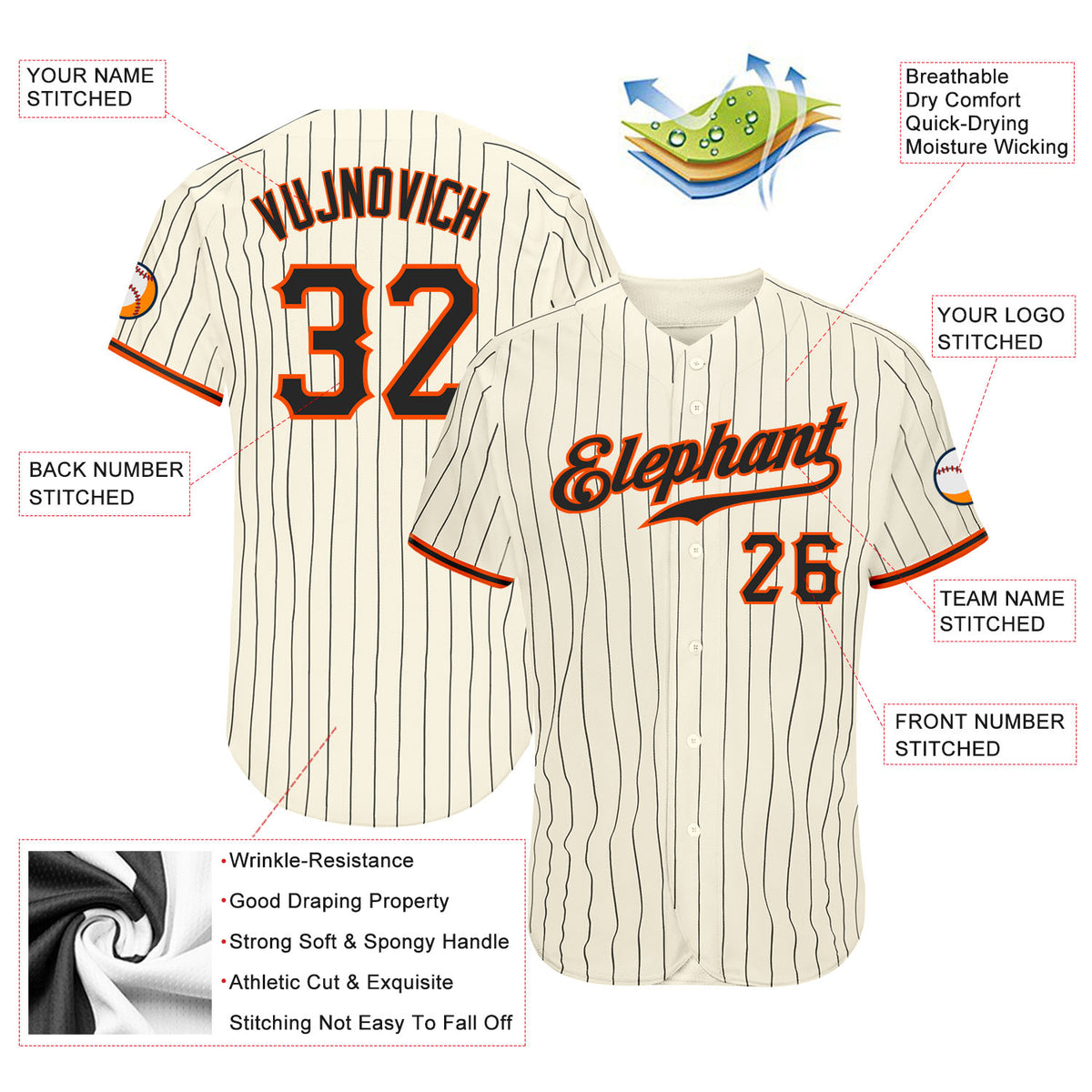 Custom Cream Black Pinstripe Orange-Black Authentic Baseball Jersey in 2023