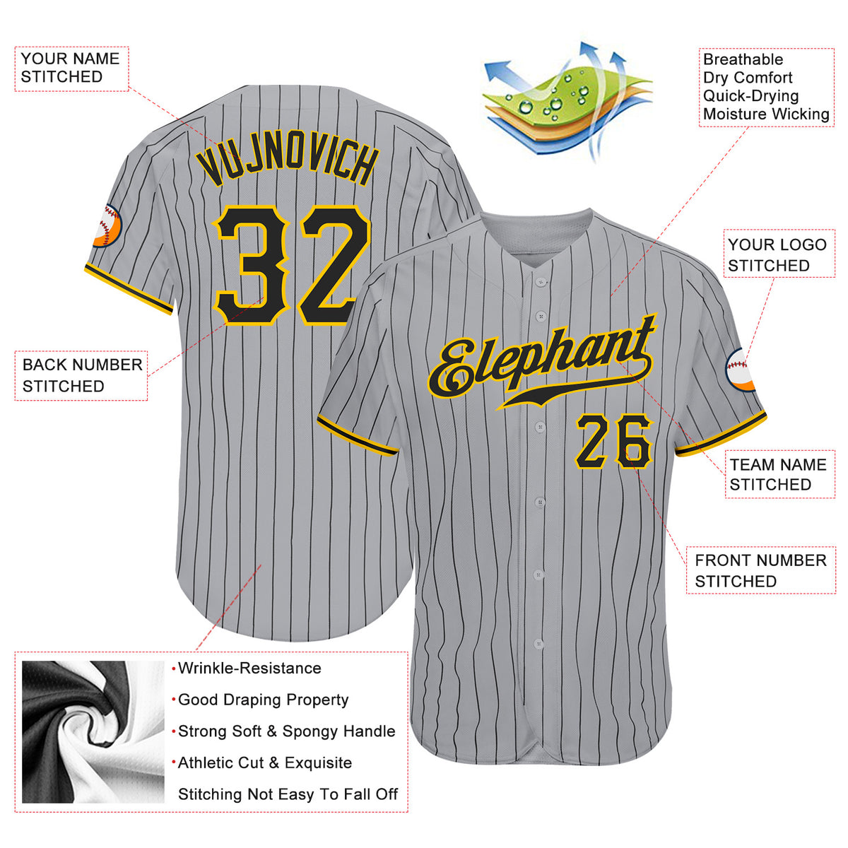 Aliexpress Custom Gray Black Pinstripe Black-Old Gold Authentic Baseball Jersey 3D Printed Men Women Shirt