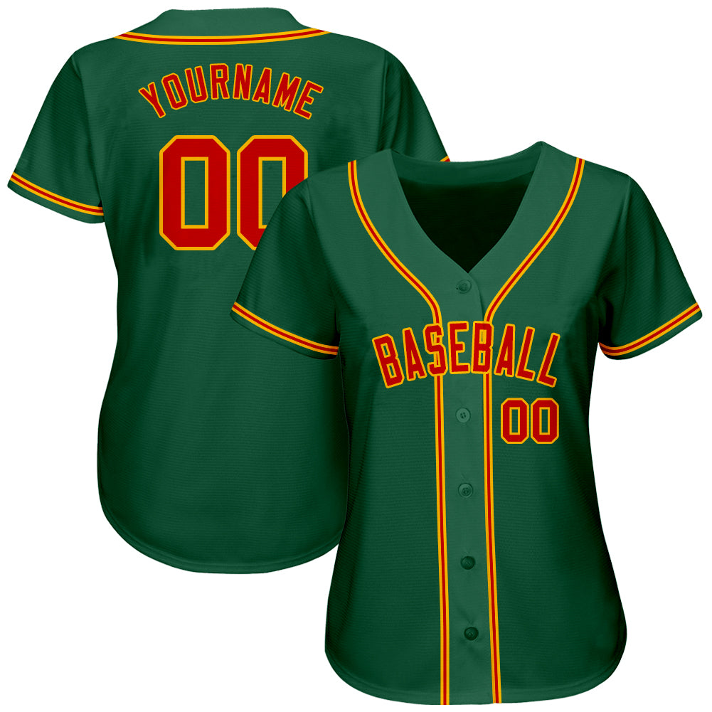 Custom Team Gold Baseball Authentic Kelly Green Jersey Red