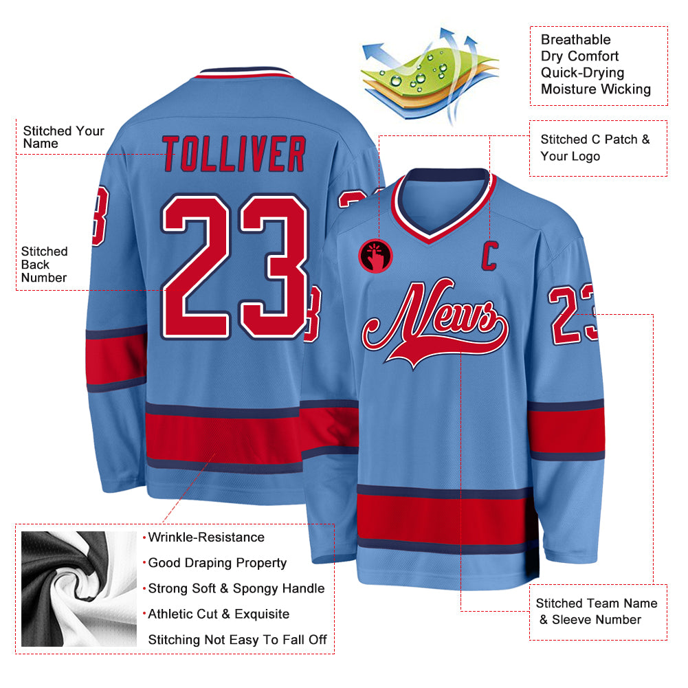 Custom Light Blue Red-Navy Hockey Jersey Discount