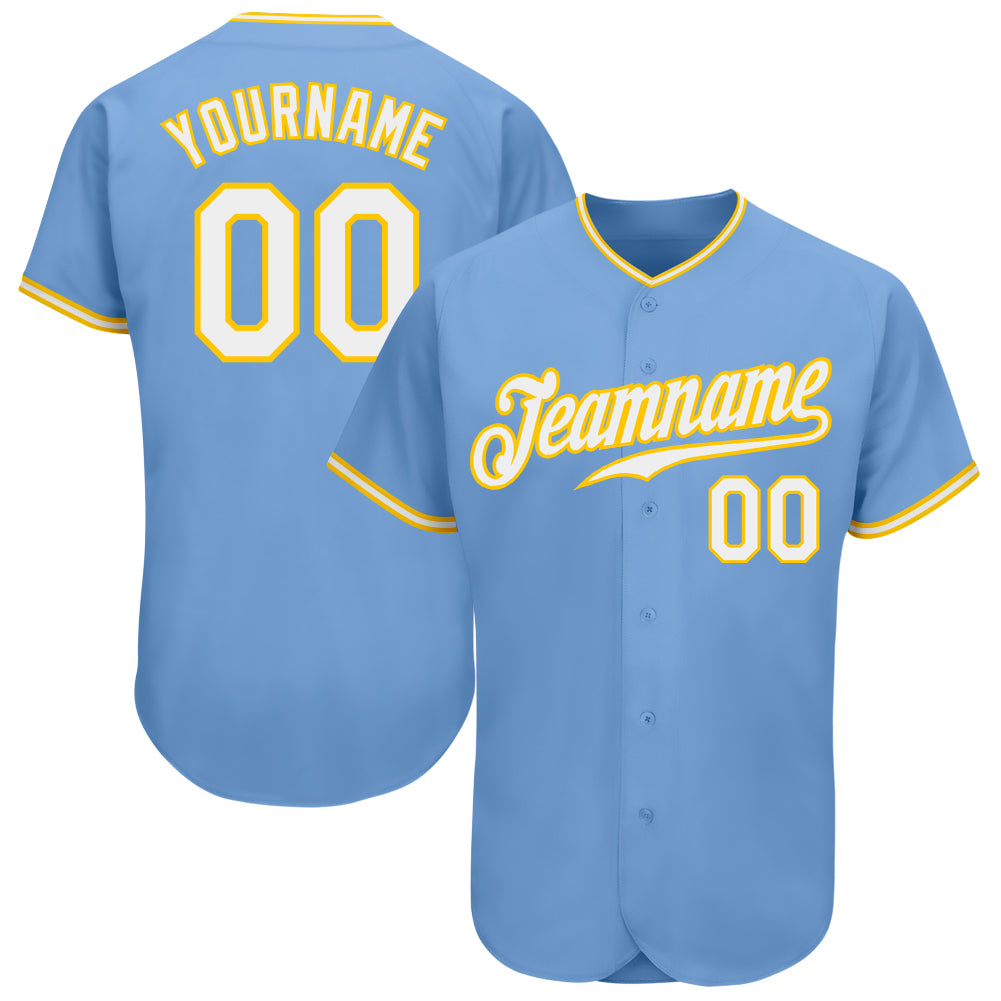 Custom Team White Baseball Authentic Gold Jersey Light Blue