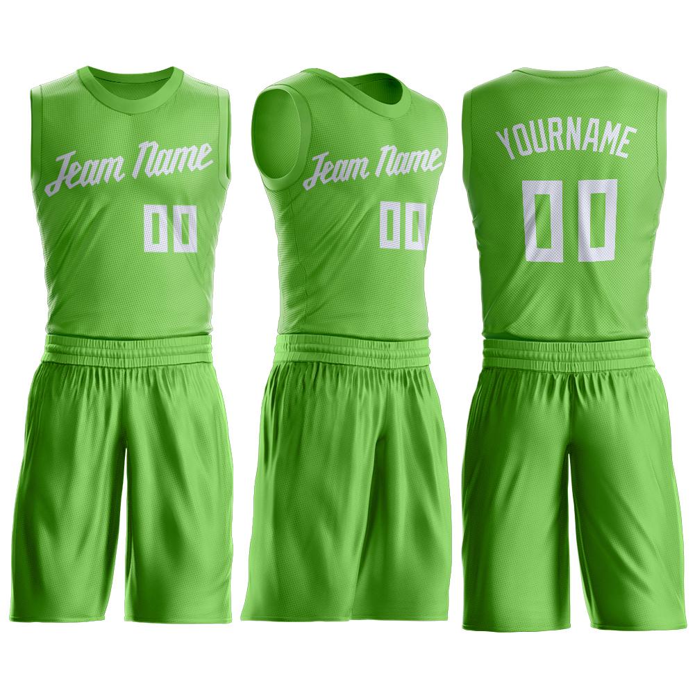 FANSIDEA Custom Neon Green White-Light Blue Round Neck Sublimation Basketball Suit Jersey Men's Size:2XL