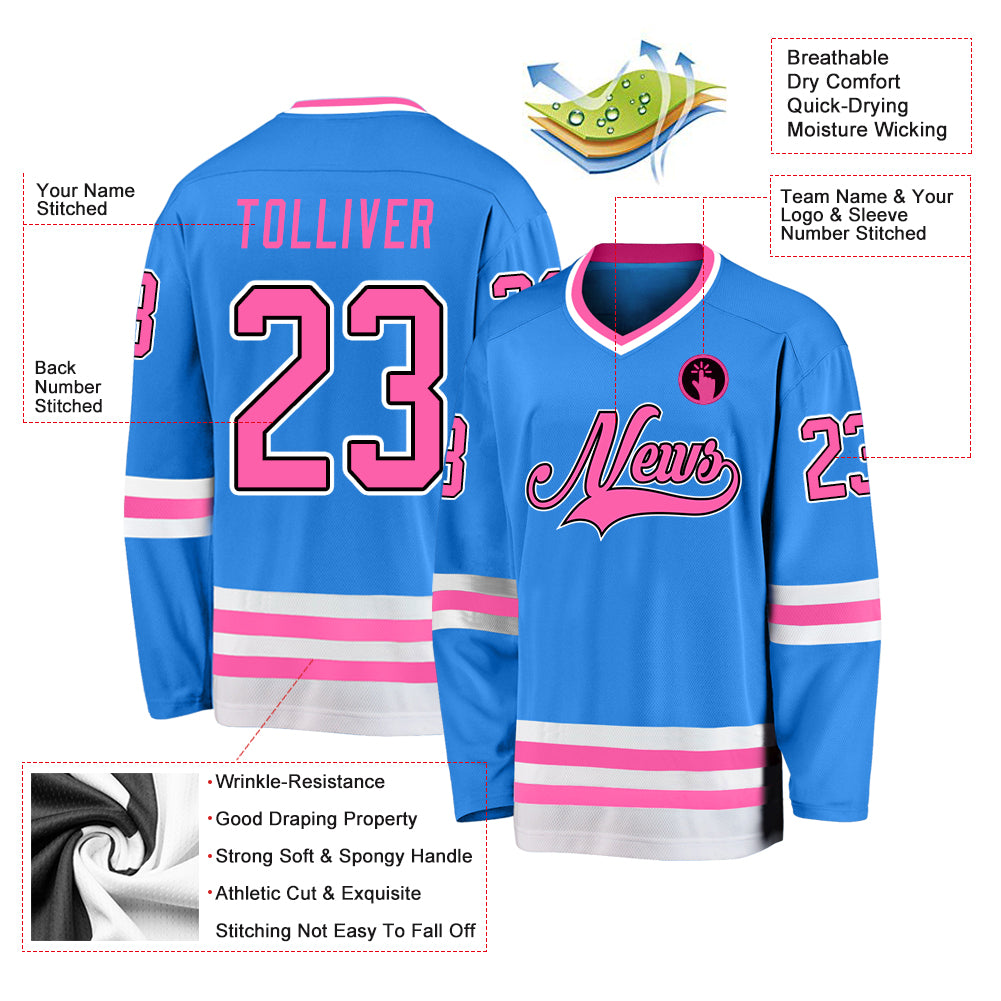 Custom Black Pink-Light Blue Hockey Jersey Discount