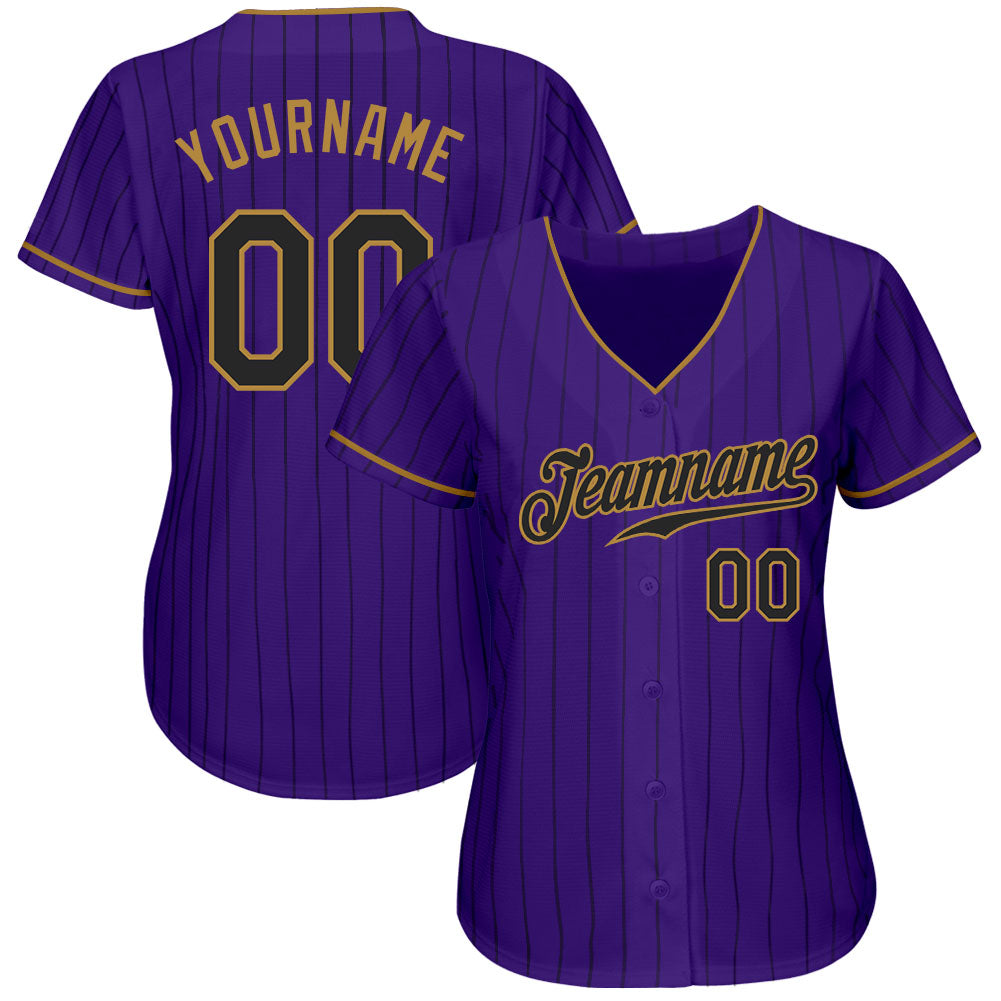 Custom Purple Black Pinstripe Black-Old Gold Authentic Baseball Jersey  Discount