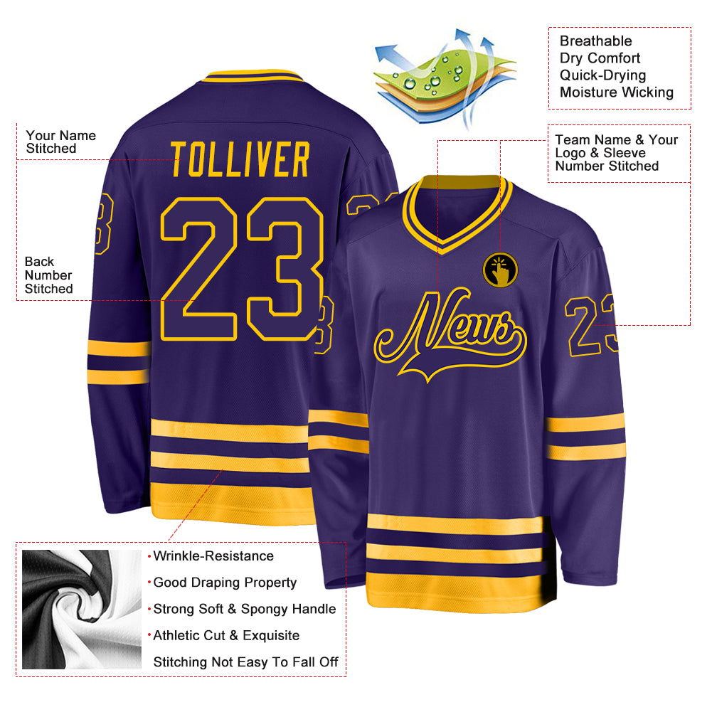 Custom Gold White-Purple Hockey Jersey Youth Size:L