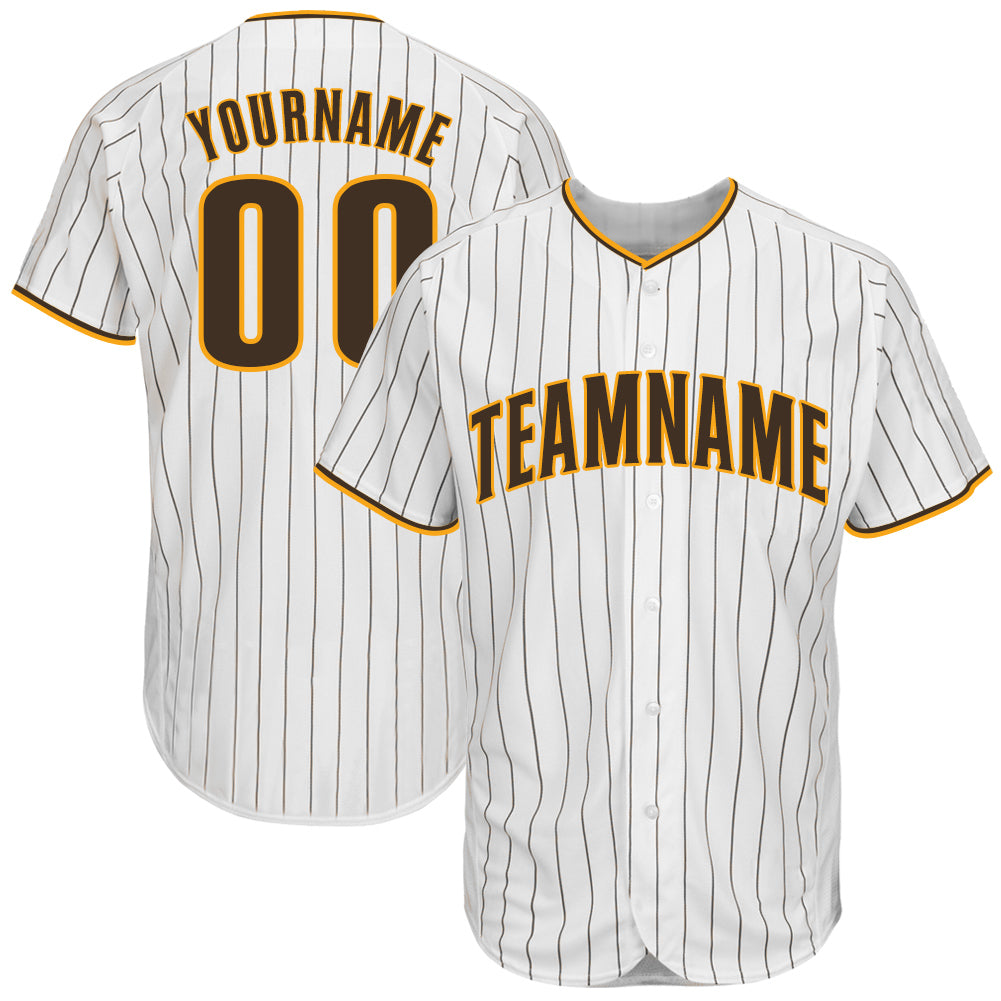 Custom White Brown Pinstripe Brown-Gold Authentic Baseball Jersey Discount
