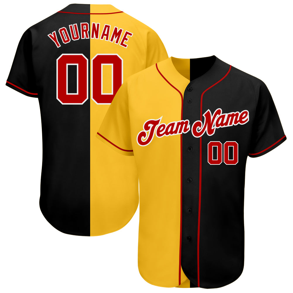 Custom Team Gold Baseball Authentic Black Split Fashion Jersey Red