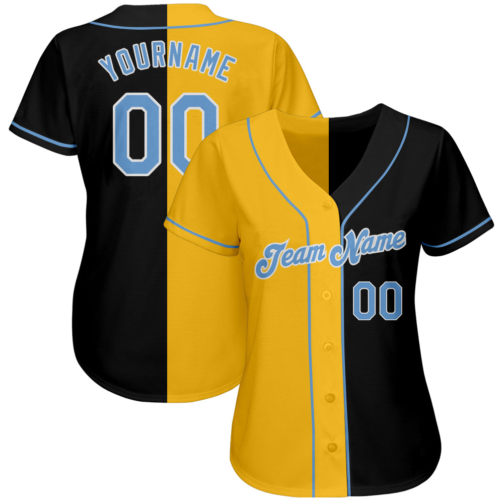 Custom Team Gold Baseball Authentic Black Split Fashion Jersey Light Blue