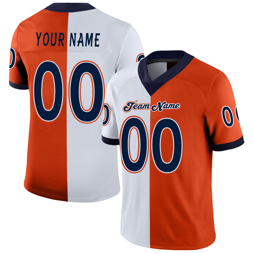 Custom Orange Navy-White Mesh Split Fashion Football Jersey Discount