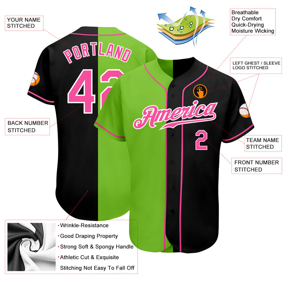 Custom Neon Green Pink-Navy Authentic Baseball Jersey Women's Size:3XL