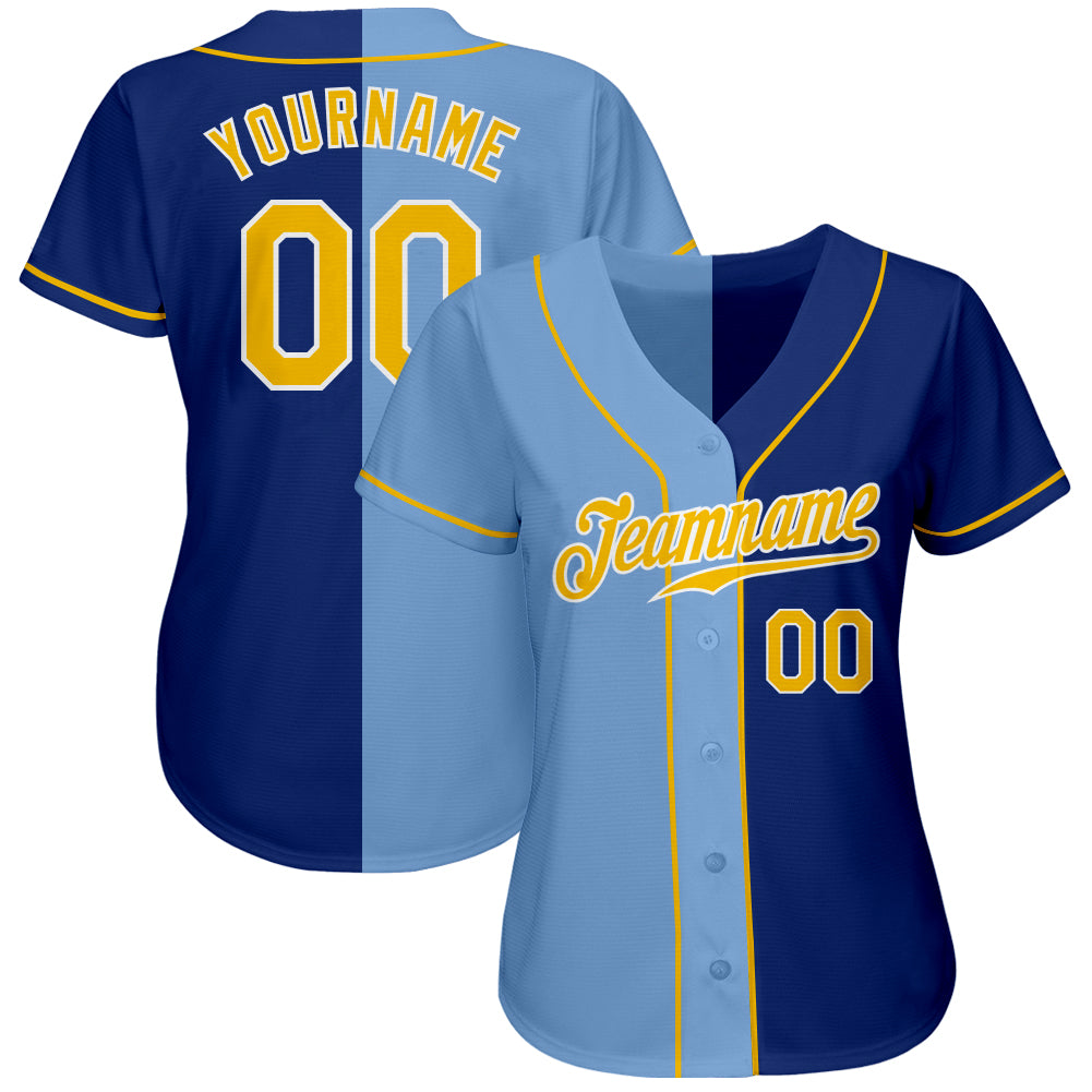 Custom Royal Light Blue-Gold Authentic Split Fashion Baseball Jersey  Discount