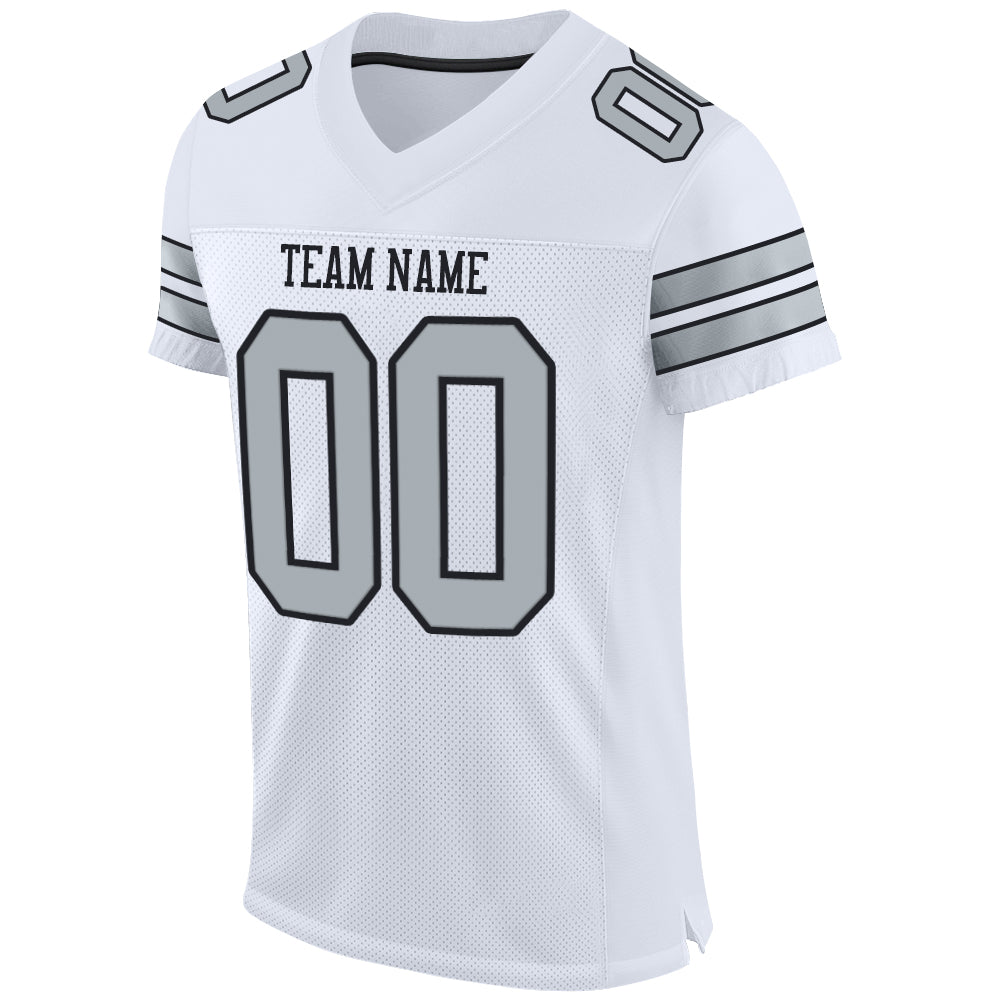 Custom Team Black Football Authentic White Mesh Jersey Silver