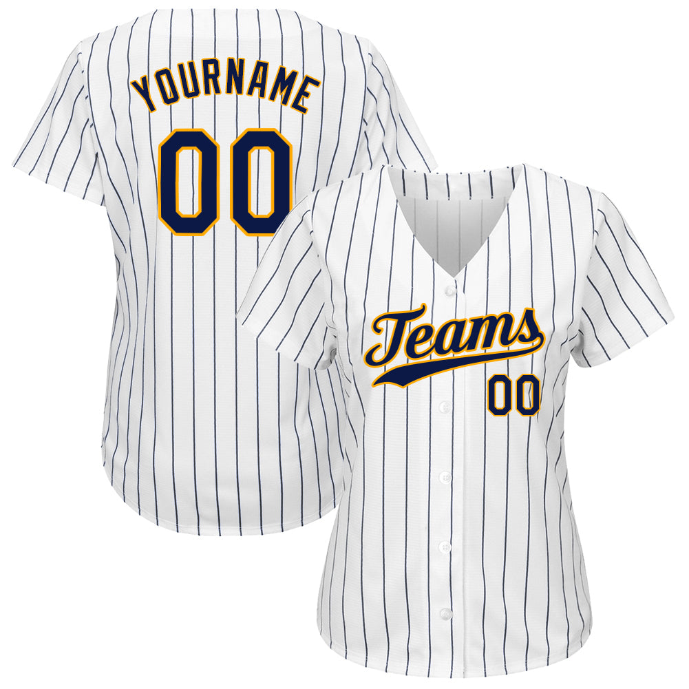 Custom Team Gold Baseball Authentic White Navy Strip Throwback Jersey Shirt  Navy