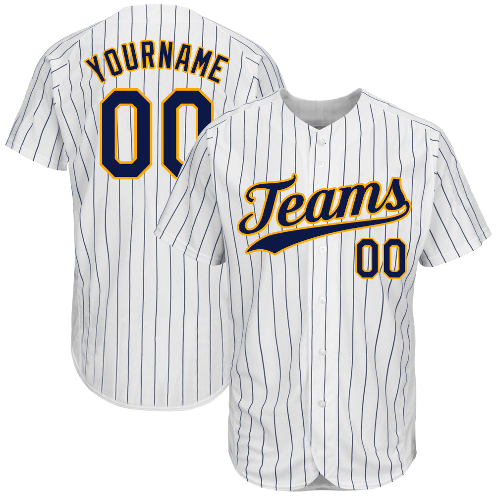 Creat Baseball Authentic White Navy Strip Navy Gold Jersey