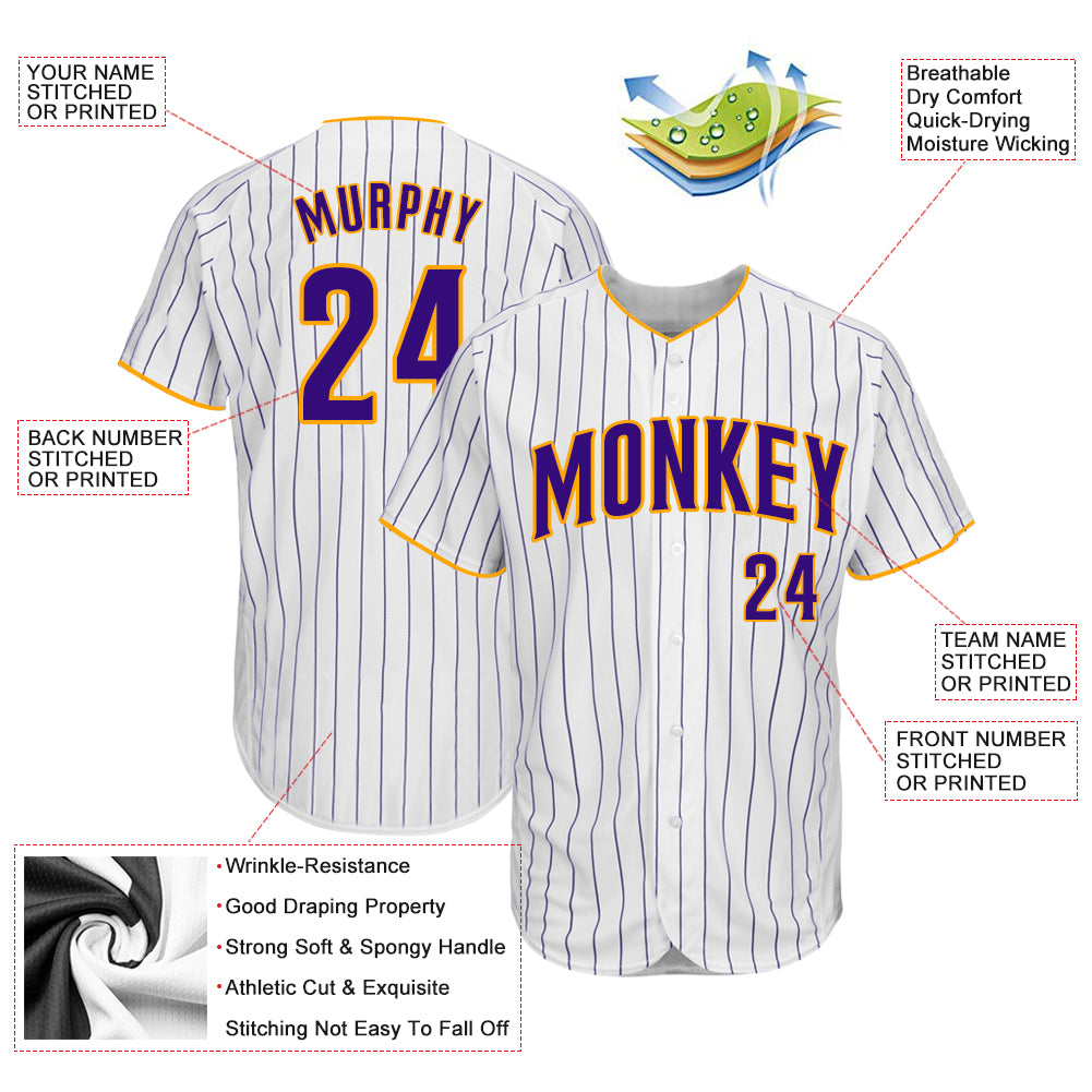 Custom Team Gold Baseball Authentic White Purple Strip Jersey Purple