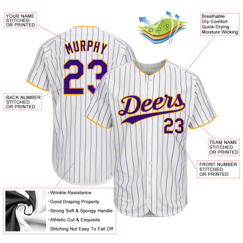 Custom Team Gold Baseball Authentic White Purple Strip Jersey Purple