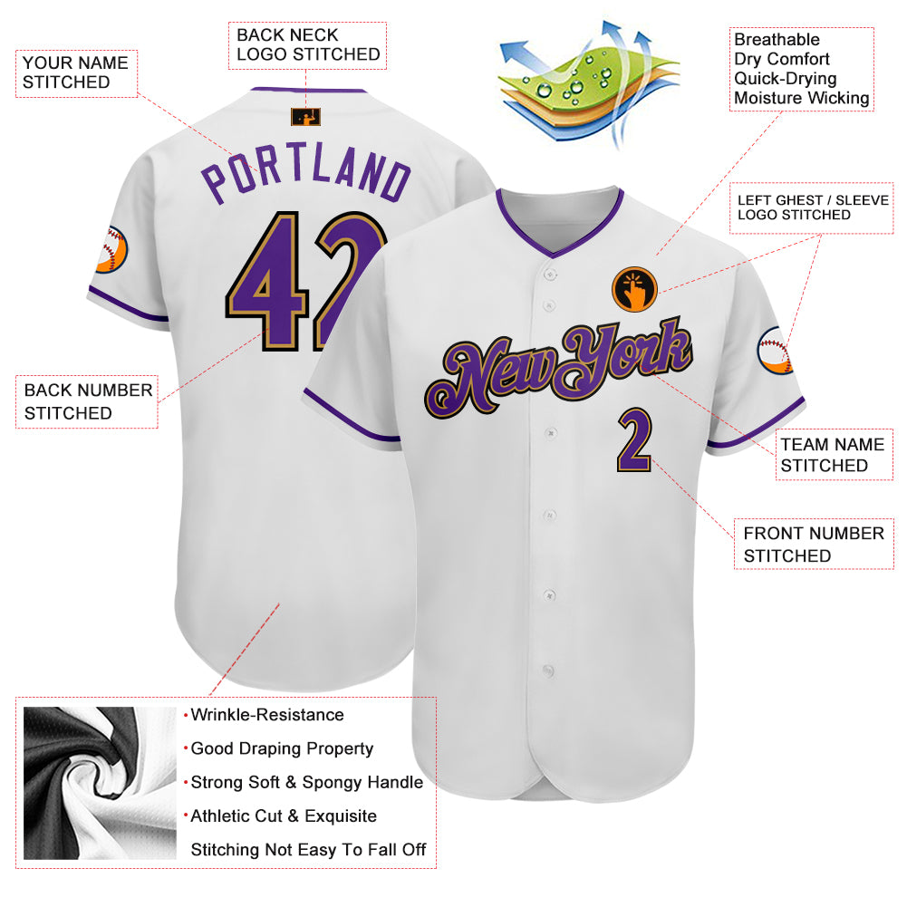 Custom Team Old Gold Baseball Authentic White Jersey Purple