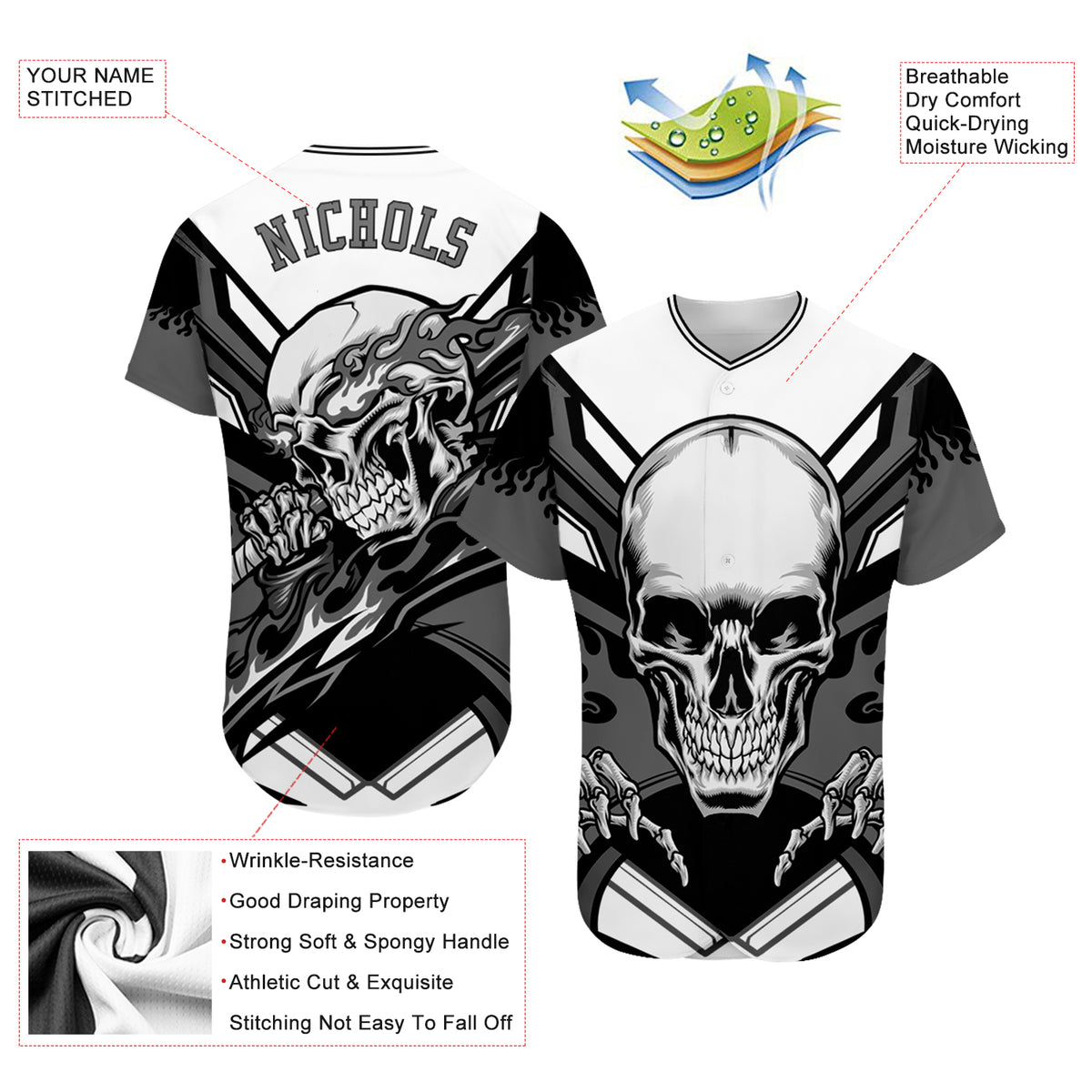 Custom Light Blue Baseball Jersey Aqua-Black 3D Skull Gradient