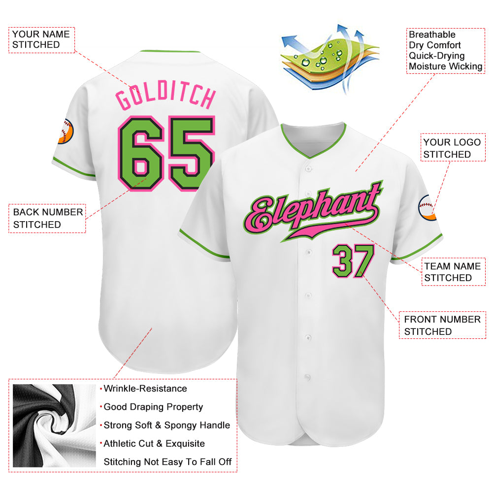 Custom White Neon Green-Pink Authentic Baseball Jersey Discount