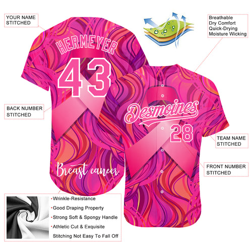 Custom Pink Ribbon Baseball Jersey Pink-White 3D Breast Cancer Awareness  Month Women Health Care Support Authentic - FansIdea