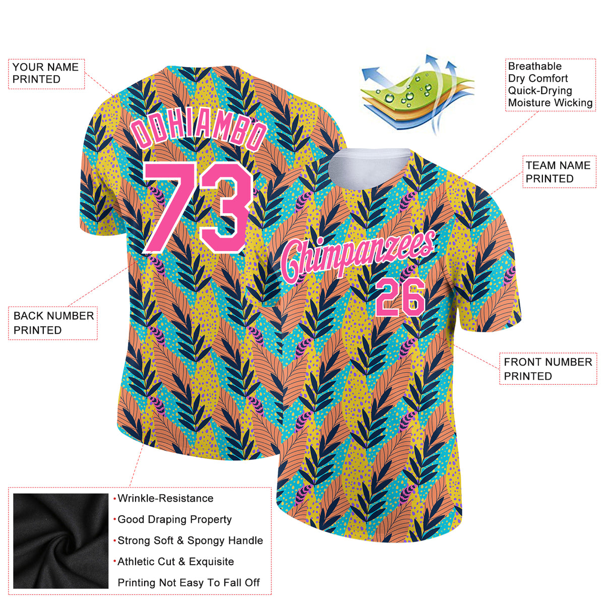 Custom White Pink 3D Pattern Design Tropical Palm Leaf Performance T ...