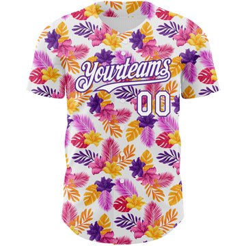 Custom White Purple 3D Pattern Design Tropical Flower And Hawaii Palm Leaves Authentic Baseball Jersey