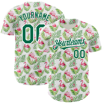 Custom White Kelly Green 3D Pattern Design Tropical Hawaii Palm Leaves And Flamingo Authentic Baseball Jersey