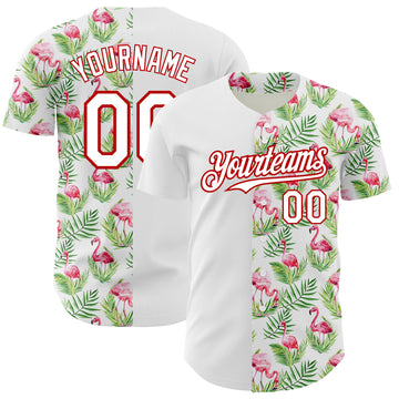 Custom White Red 3D Pattern Design Tropical Hawaii Palm Leaves And Flamingo Authentic Baseball Jersey