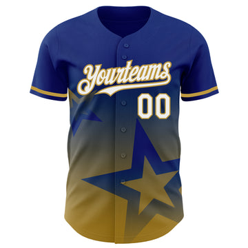 Custom Royal White-Old Gold 3D Pattern Design Gradient Style Twinkle Star Authentic Baseball Jersey