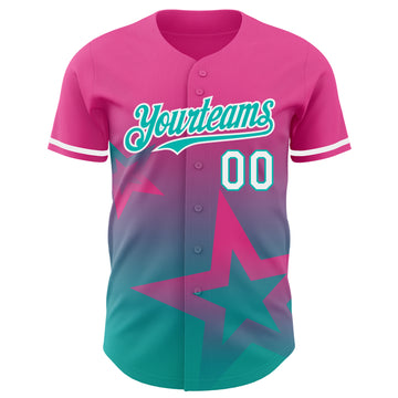Custom Pink Aqua-White 3D Pattern Design Gradient Style Twinkle Star Authentic Baseball Jersey