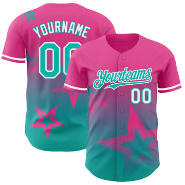 Custom Pink Aqua-White 3D Pattern Design Gradient Style Twinkle Star Authentic Baseball Jersey