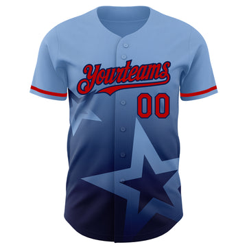 Custom Light Blue Red-Navy 3D Pattern Design Gradient Style Twinkle Star Authentic Baseball Jersey