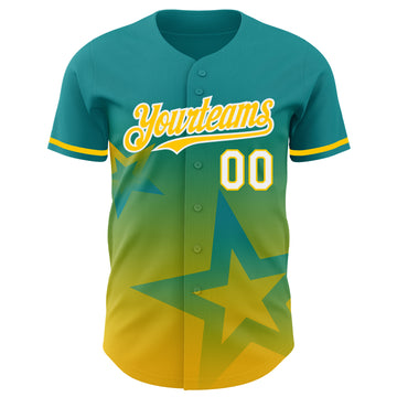 Custom Teal Yellow-White 3D Pattern Design Gradient Style Twinkle Star Authentic Baseball Jersey