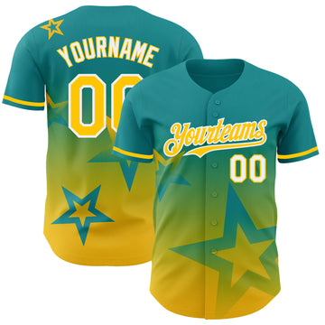 Custom Teal Yellow-White 3D Pattern Design Gradient Style Twinkle Star Authentic Baseball Jersey