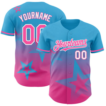 Custom Sky Blue Pink-White 3D Pattern Design Gradient Style Twinkle Star Authentic Baseball Jersey
